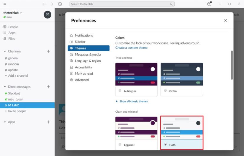 Sélection de thèmes de couleurs Slack