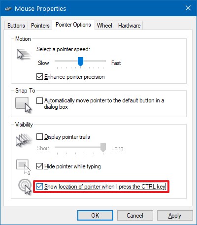 Afficher l'emplacement du pointeur de la souris avec l'option de la touche Ctrl