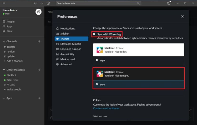 Mode sombre Slack sur Windows 10