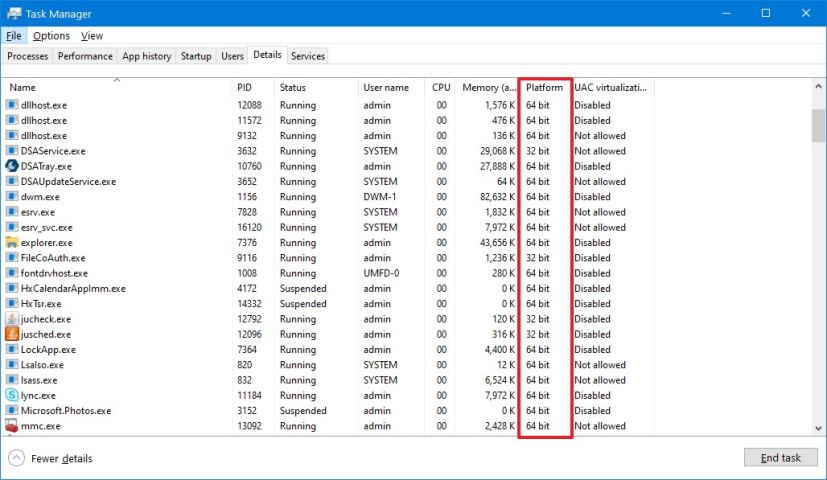 Vérifiez que l'application est 64 bits ou 32 bits avec le Gestionnaire des tâches