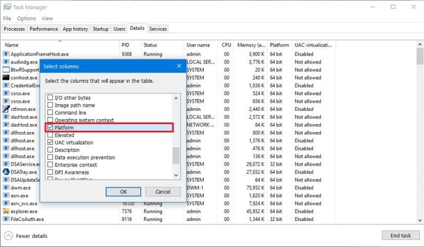 Option de plateforme du Gestionnaire des tâches