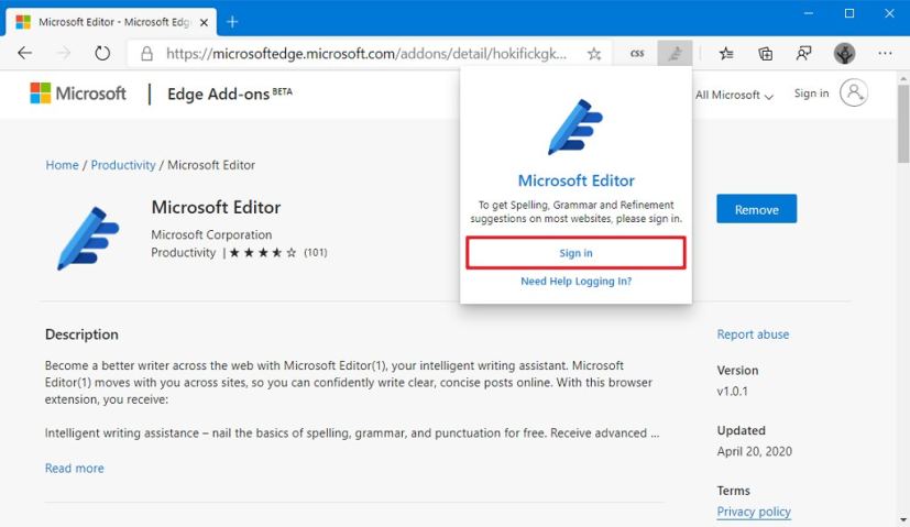 Microsoft Editor configuré sur Edge