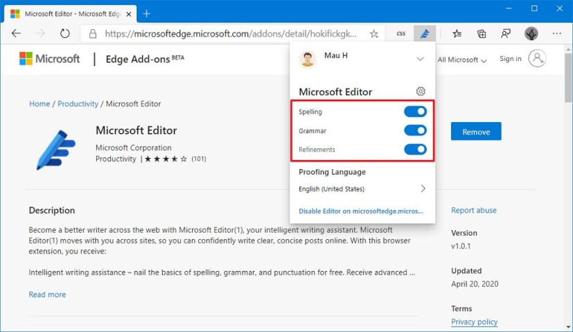 Options d'orthographe, de grammaire et de raffinement de Microsoft Editor