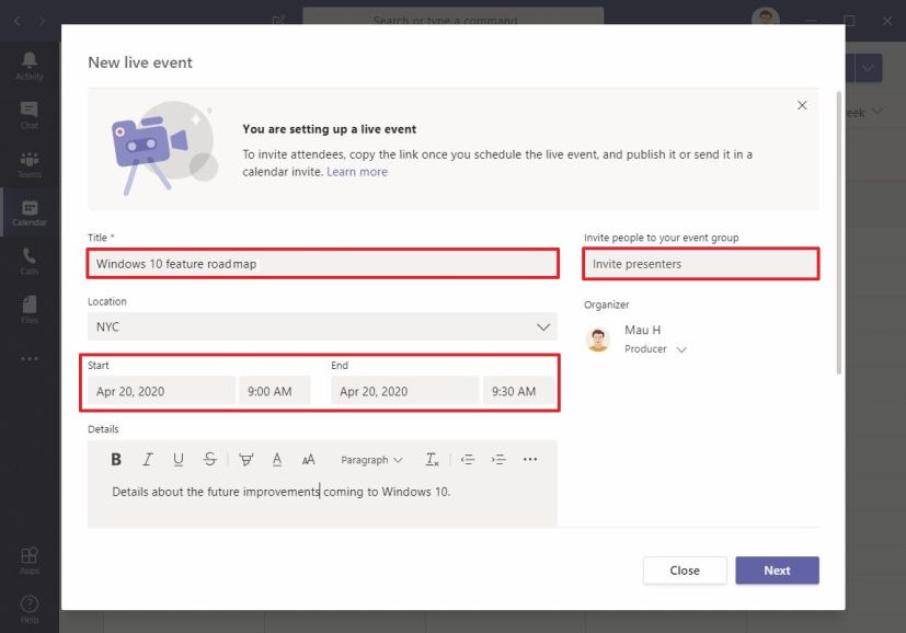 Paramètres des événements Microsoft Teams Live