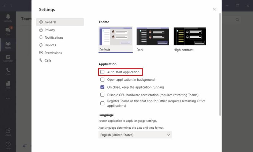 Microsoft Teams désactive l'option de démarrage automatique