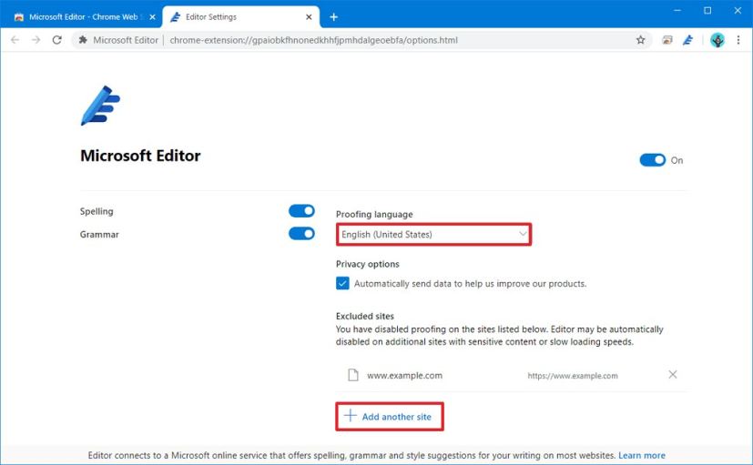 Personnaliser les paramètres de l'extension Microsoft Editor