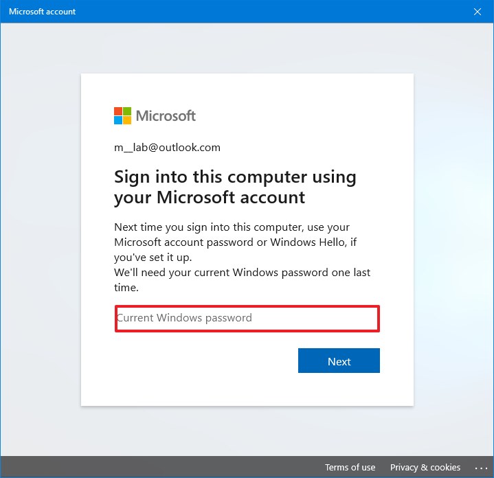 Confirmez le mot de passe du compte local pour passer au compte Microsoft