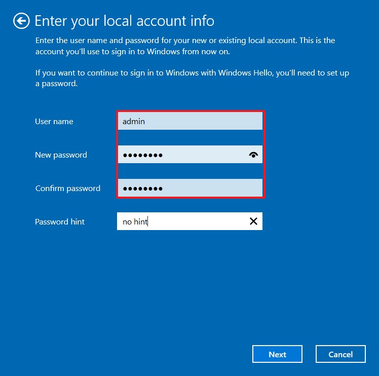 Informations sur le compte local Windows 10