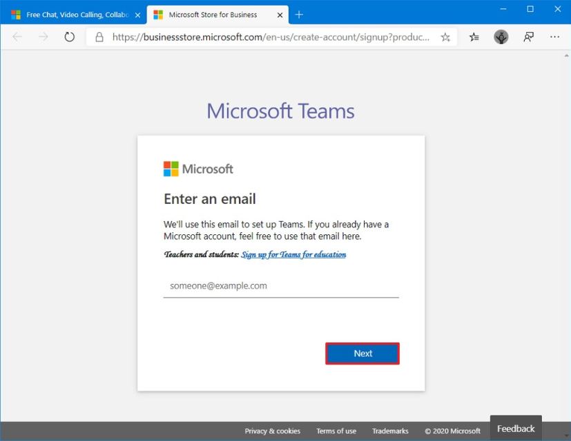 Microsoft Teams confirme l'e-mail du compte