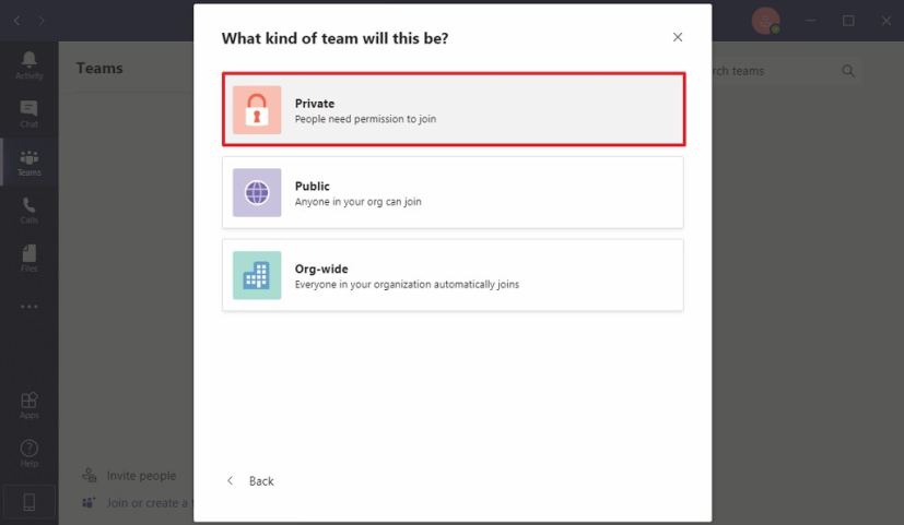 Option de canal privé Microsoft Teams