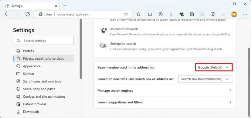 Edge a défini Google comme moteur de recherche par défaut