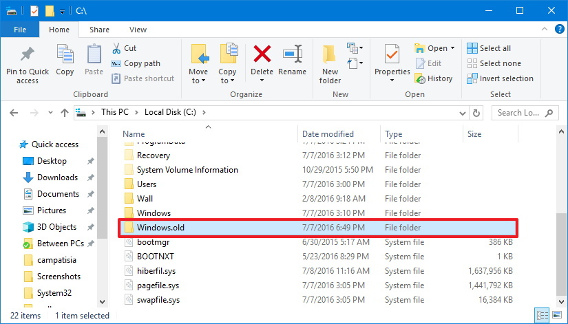 Dossier Windows.old sur la mise à jour Windows 10 Fall Creators