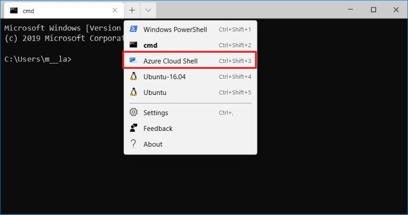 Option Terminal Windows Azure Cloud Shell