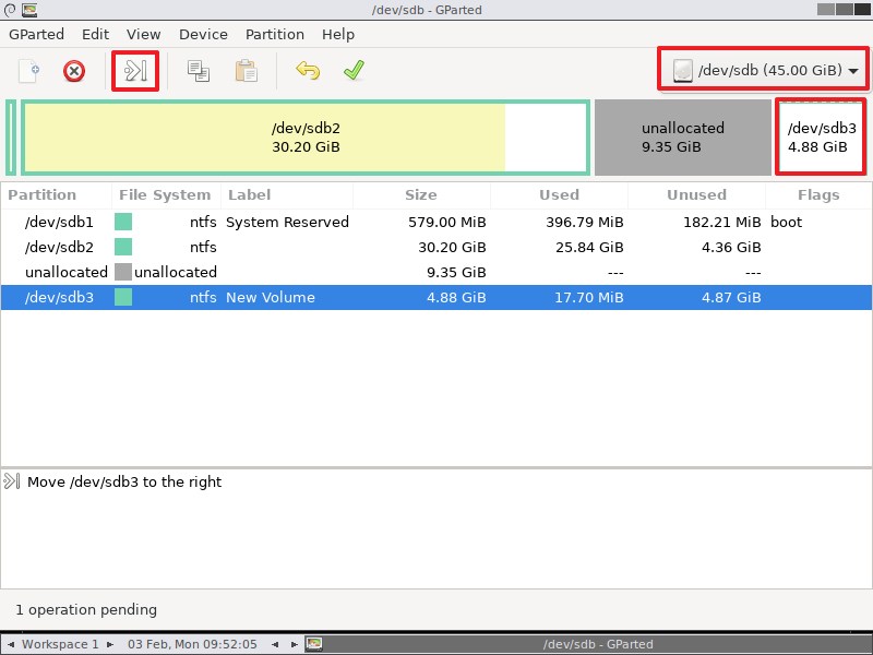 Option de déplacement de partition Gparted