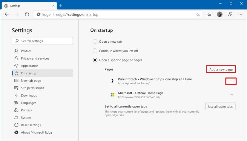 Option de redémarrage de Microsoft Edge sur une page spécifique