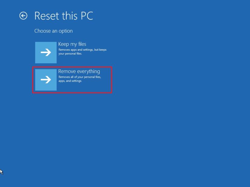 Démarrage avancé Réinitialiser ce PC, option Supprimer tout