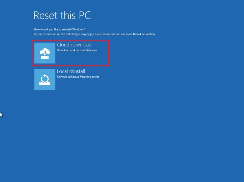 Démarrage avancé Réinitialiser cette option de téléchargement cloud de PC