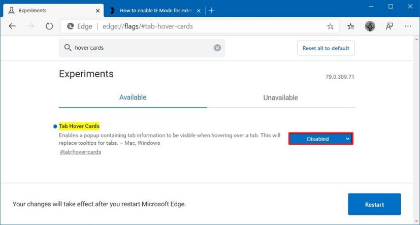 Microsoft Edge Chromium désactive l'option des cartes de survol des onglets