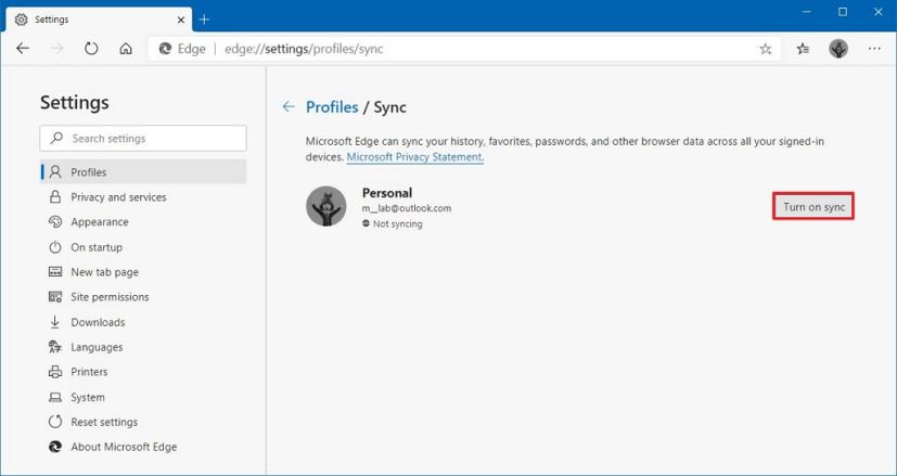 Microsoft Edge active les paramètres de synchronisation