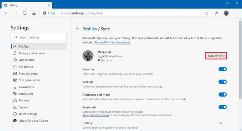 Microsoft Edge désactive la synchronisation des données de navigation