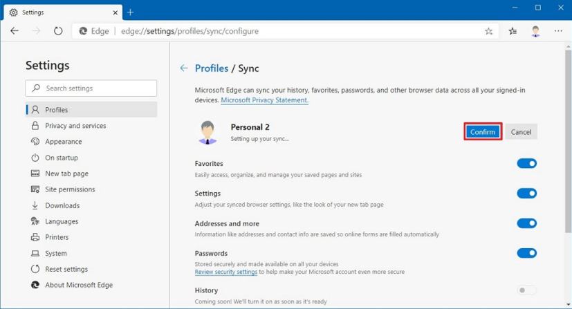 Microsoft Edge confirme les paramètres de synchronisation