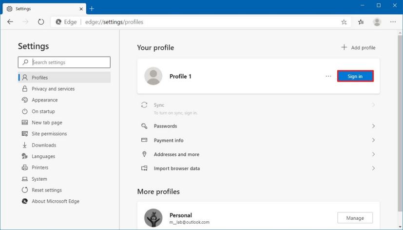 Paramètres du profil local Microsoft Edge