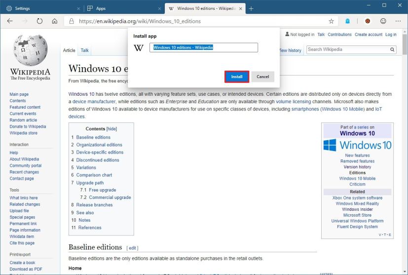 Configurer l'application Web sur Microsoft Edge