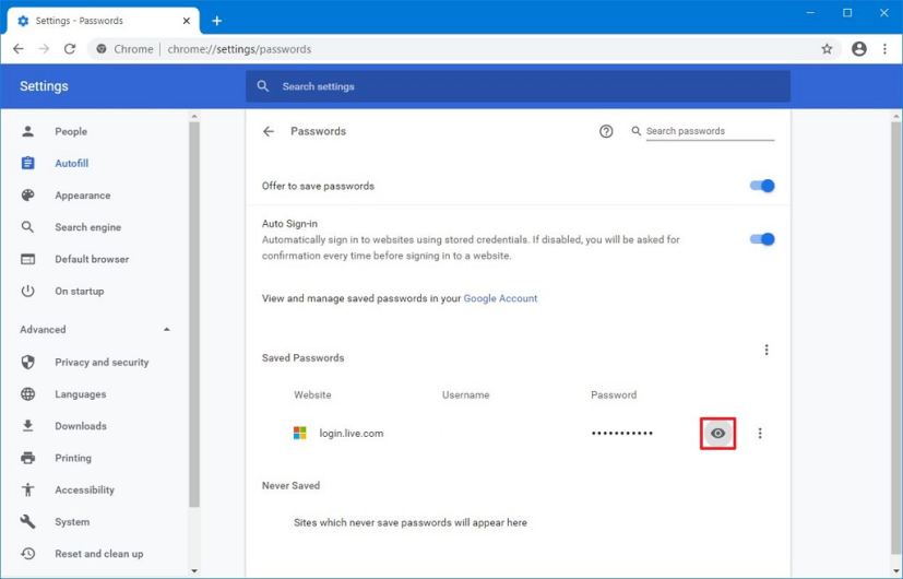 Option d'affichage des mots de passe enregistrés dans Google Chrome