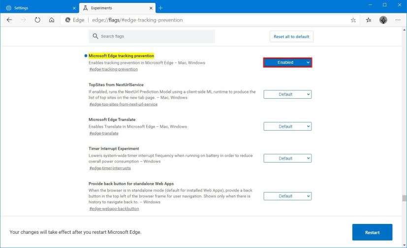 Microsoft Edge désactive la prévention du suivi à l'aide d'indicateurs