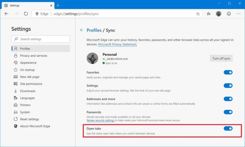 Option Ouvrir les onglets sur Microsoft Edge Chromium