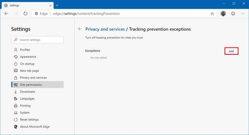 Paramètres d'exclusion de la protection contre le pistage Chromium Edge 