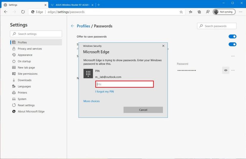 Windows 10 confirme le compte pour afficher le mot de passe enregistré