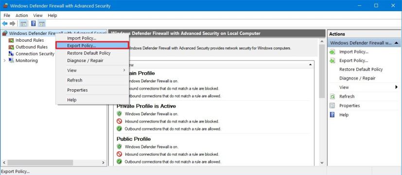 Option de règles d'exportation du pare-feu Windows 10