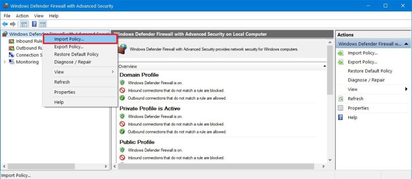 Option de règles d'importation du pare-feu Windows 10