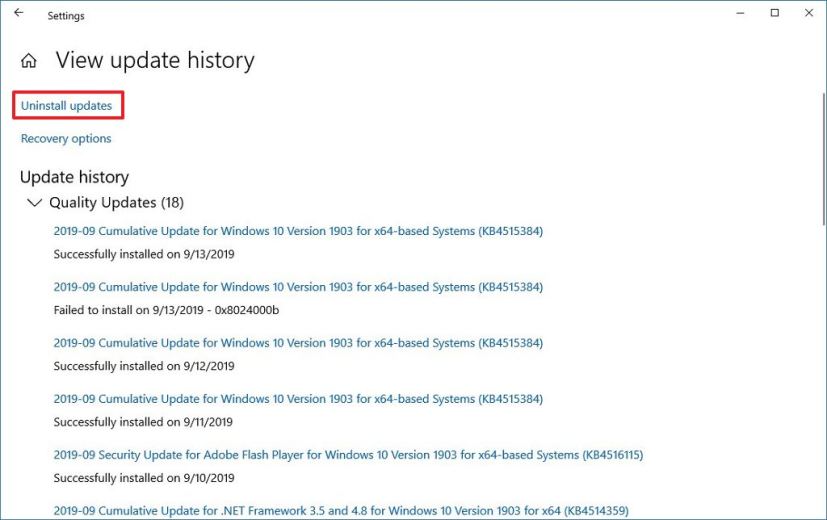 Option de désinstallation des mises à jour de Windows 10