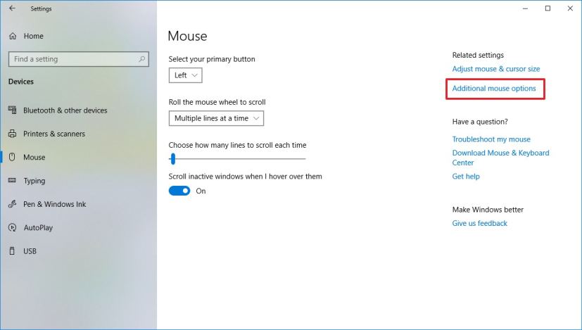 Paramètres de la souris sous Windows 10