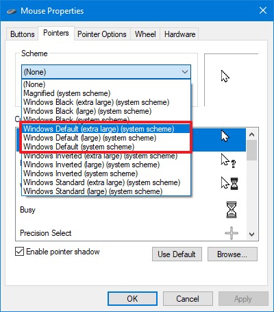 Modifier la taille du pointeur de la souris à l'aide du Panneau de configuration