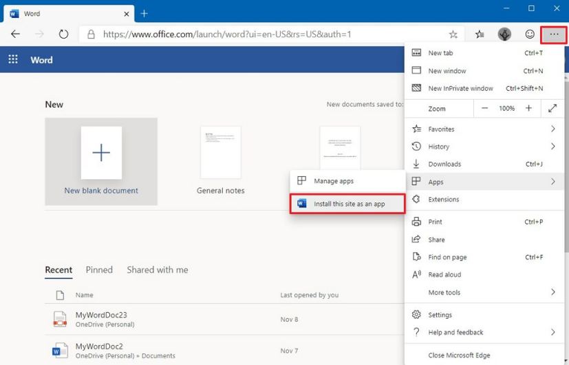 Installer Word PWA à l'aide de Microsoft Edge