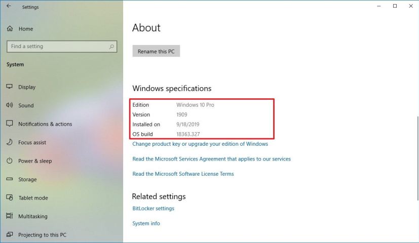 Vérifiez Windows 10 version 1909 à l'aide des paramètres À propos