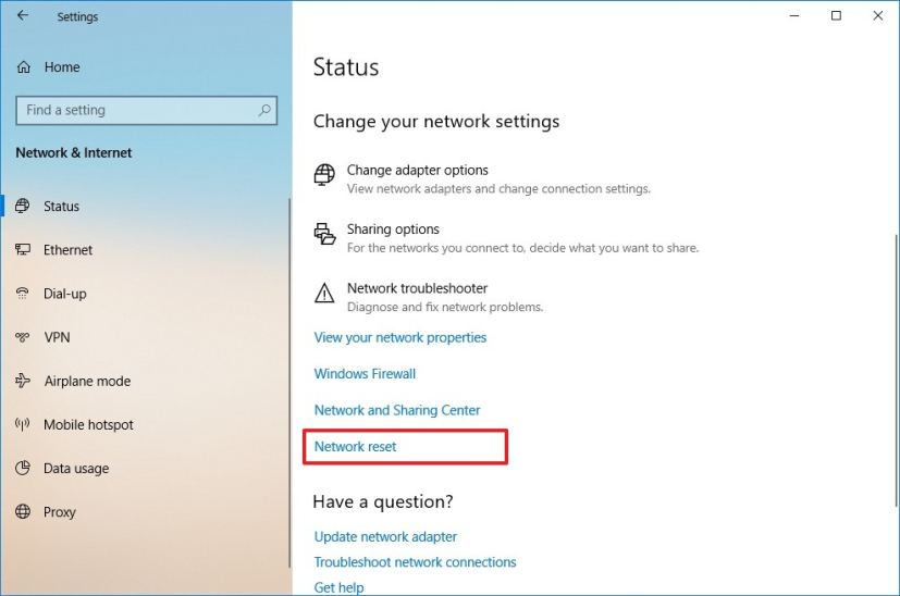 Option de réinitialisation du réseau sur la mise à jour Windows 10 d'octobre 2018