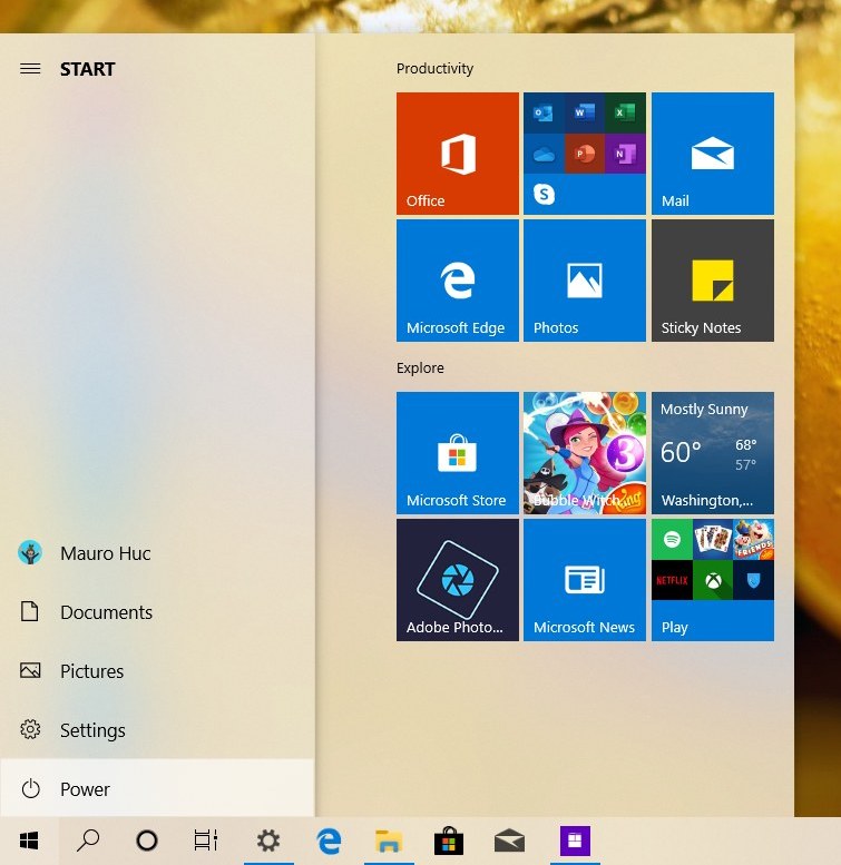 Menu Démarrer avec le rail gauche étendu sur la mise à jour Windows 10 d'octobre 2019