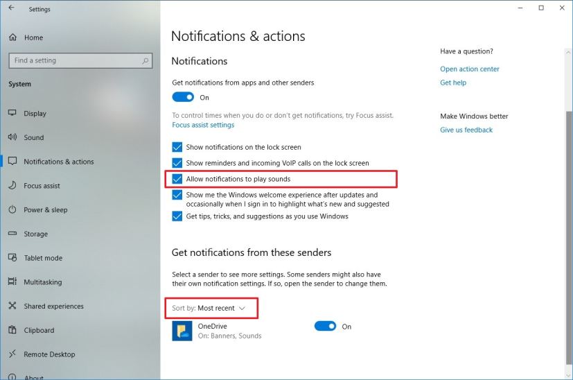 Paramètres de notifications sur Windows 10 19H2