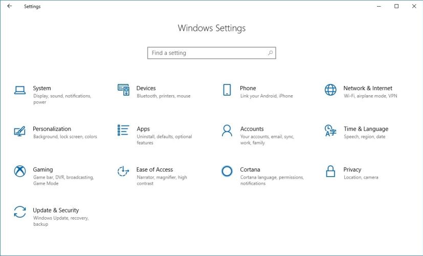 Page d'accueil de l'application Paramètres sur Windows 10