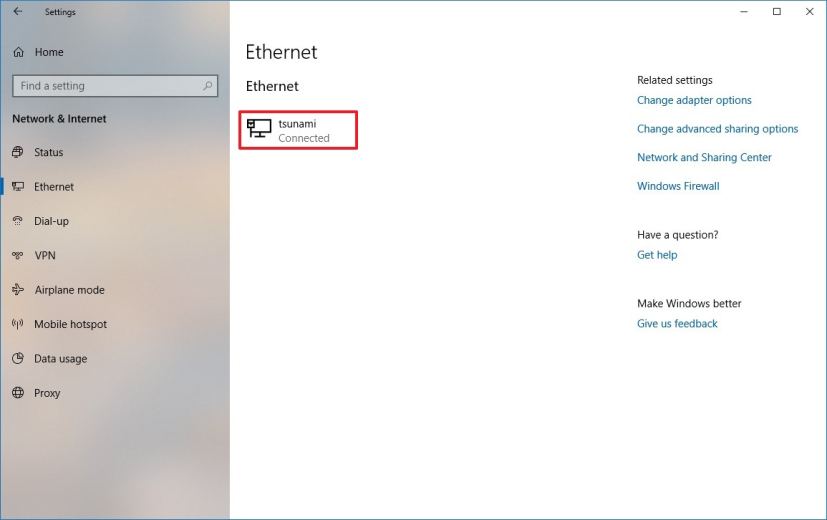 Paramètres Ethernet de Windows 10