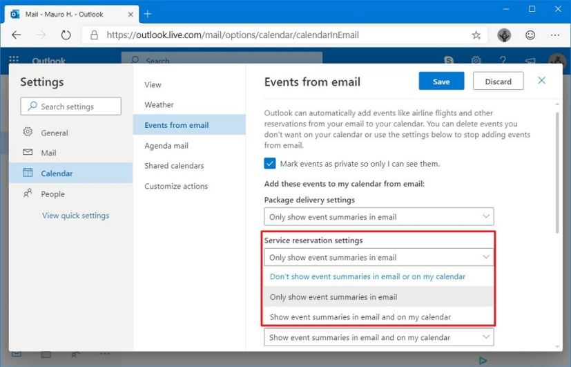   Événements des e-mails Paramètres Outlook