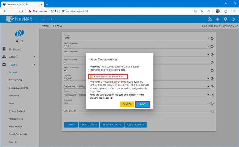 Fichier de configuration de sauvegarde sur FreeNAS