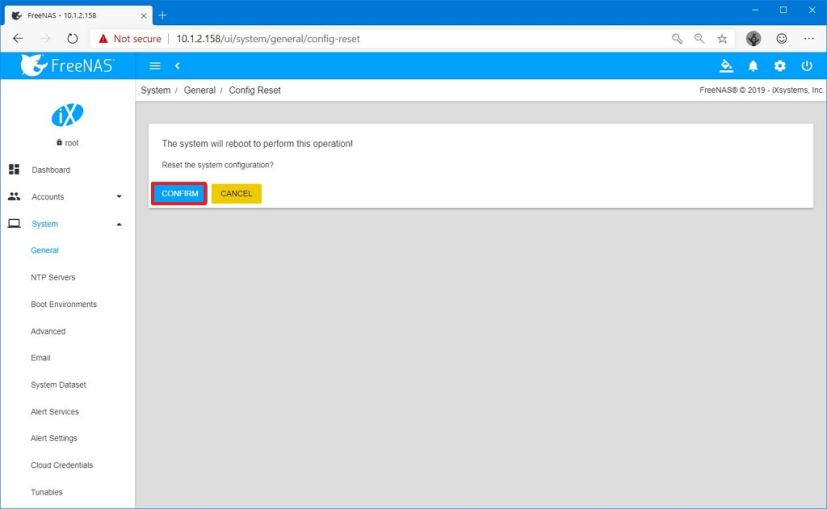 Confirmer la réinitialisation de la configuration FreeNAS