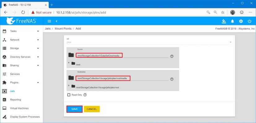 Plex configure le point de montage source et destination