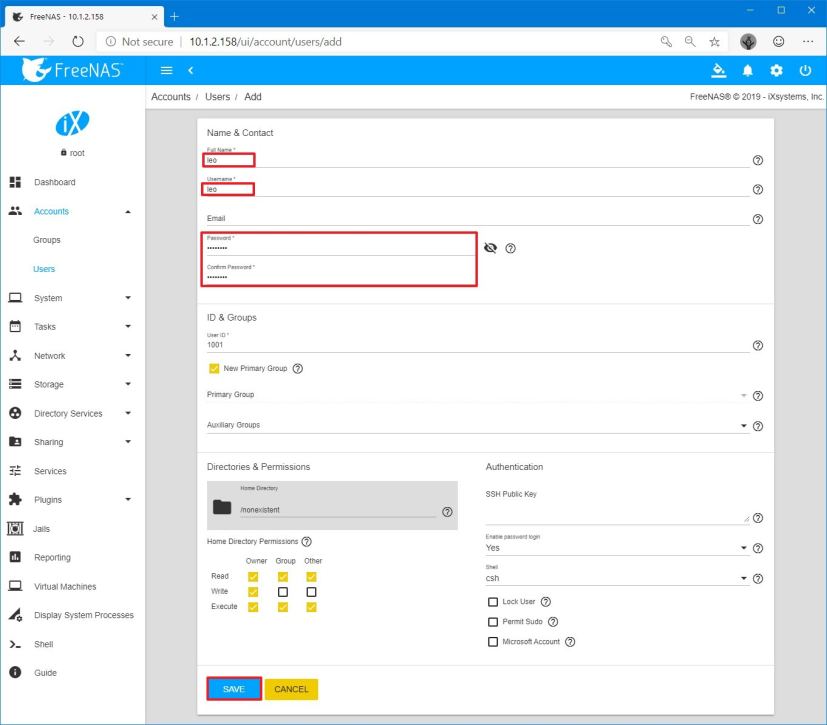 Paramètres du compte utilisateur FreeNAS