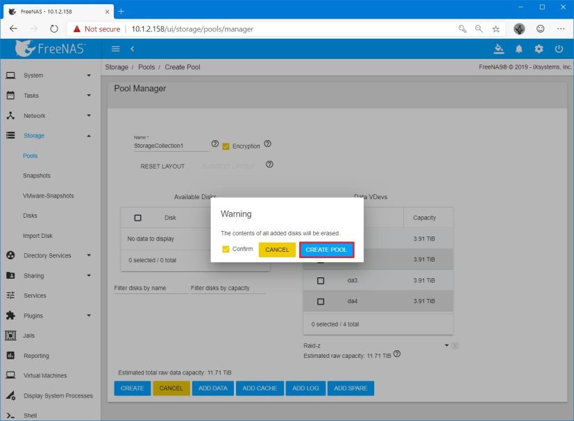 Confirmer la création du pool FreeNAS